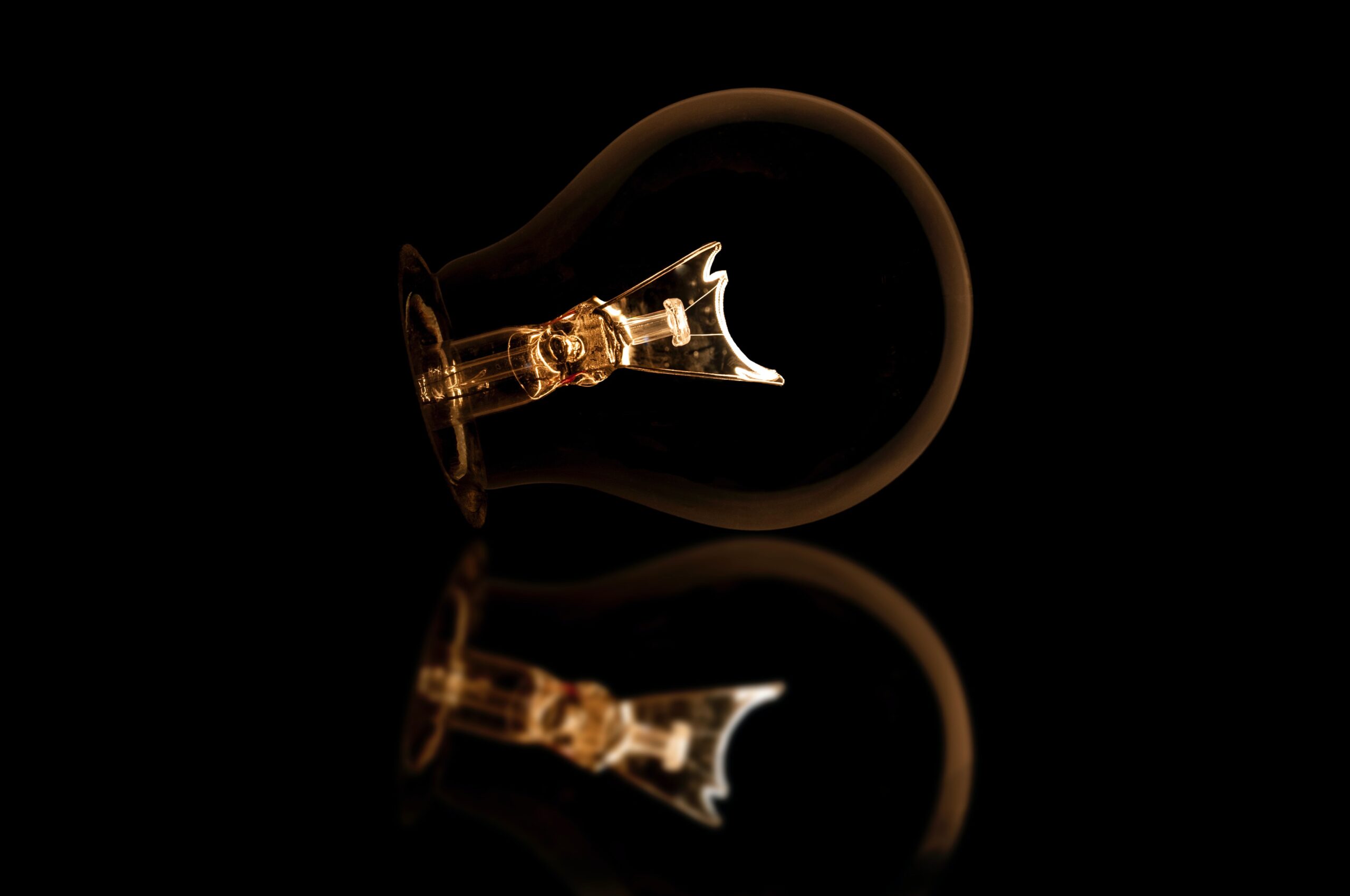 Image of lightbulb against a black background. Bulb is mirrored as it lies across the screen, fitting to the left, bulb and filament to the right